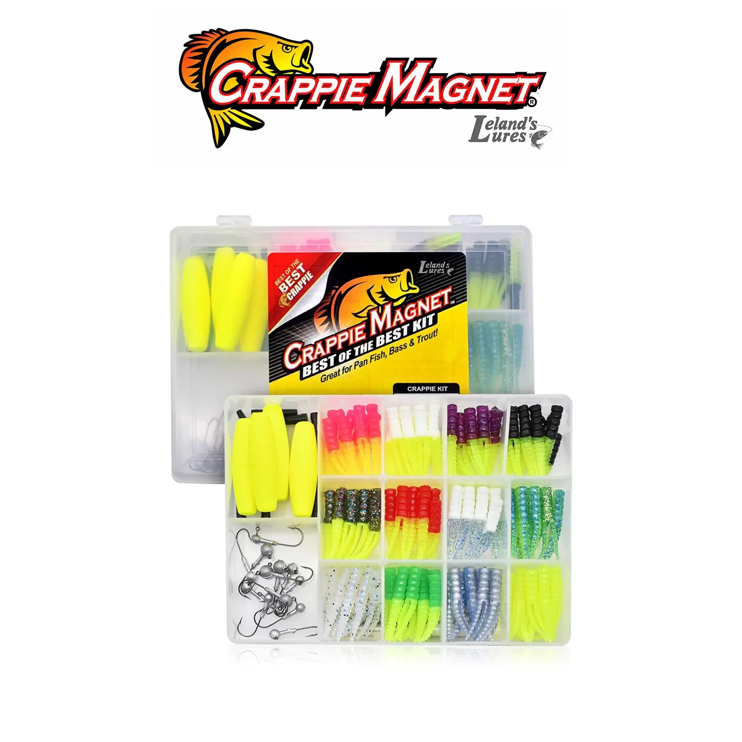Leland's Lures Crappie Magnet Best of the Best 115-Piece Crappie Fishing Kit Assorted Colors with 96 Bodies, 15 Double Cross Jig Heads and 4 E-Z Floats
