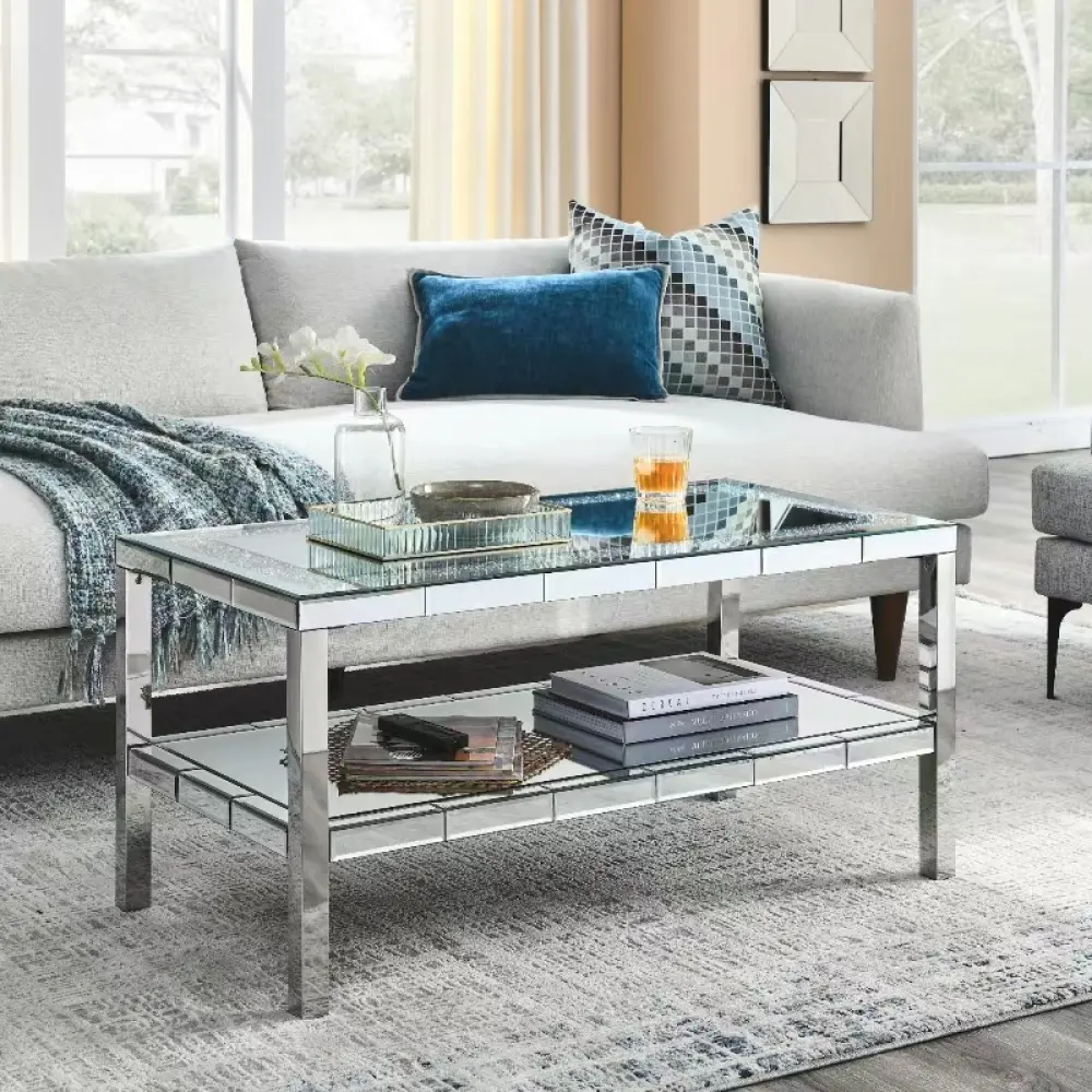 Crystal Accents Mirror Glass Coffee Table - Stainless Frame, Metal Base, Modern Accent Table, Tool-Free Rectangular Compact Indoor Furniture for Living Room, Offices, Rectangular Coffee Tables