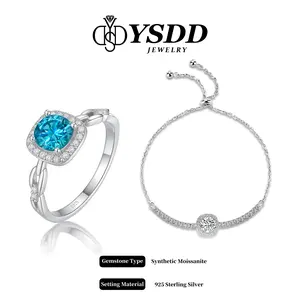 【#382】New Square Halo Chain Ring and Matching Slider Bracelet 1CT Synthetic Moissanite Jewelry in 925 Sterling Silver