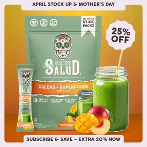 Salud 2-in-1 [Greens + Superfoods – Peach Mango] Daily Greens Drink Mix, Agua Fresca, Gut Health & Bloating Support, Probiotics & Prebiotics, Vegan, Non-GMO, Easy-to-Drink Greens Powder (15 Servings)