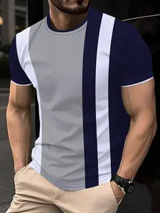 Men's Round Neck T-Shirt, Colorblock Casual Fashion, Regular Fit Daily Wear, Houndstooth Pattern, Short Sleeve, Fitted Style, Long, Menswear, Clothes, Colorblock Print Tee
