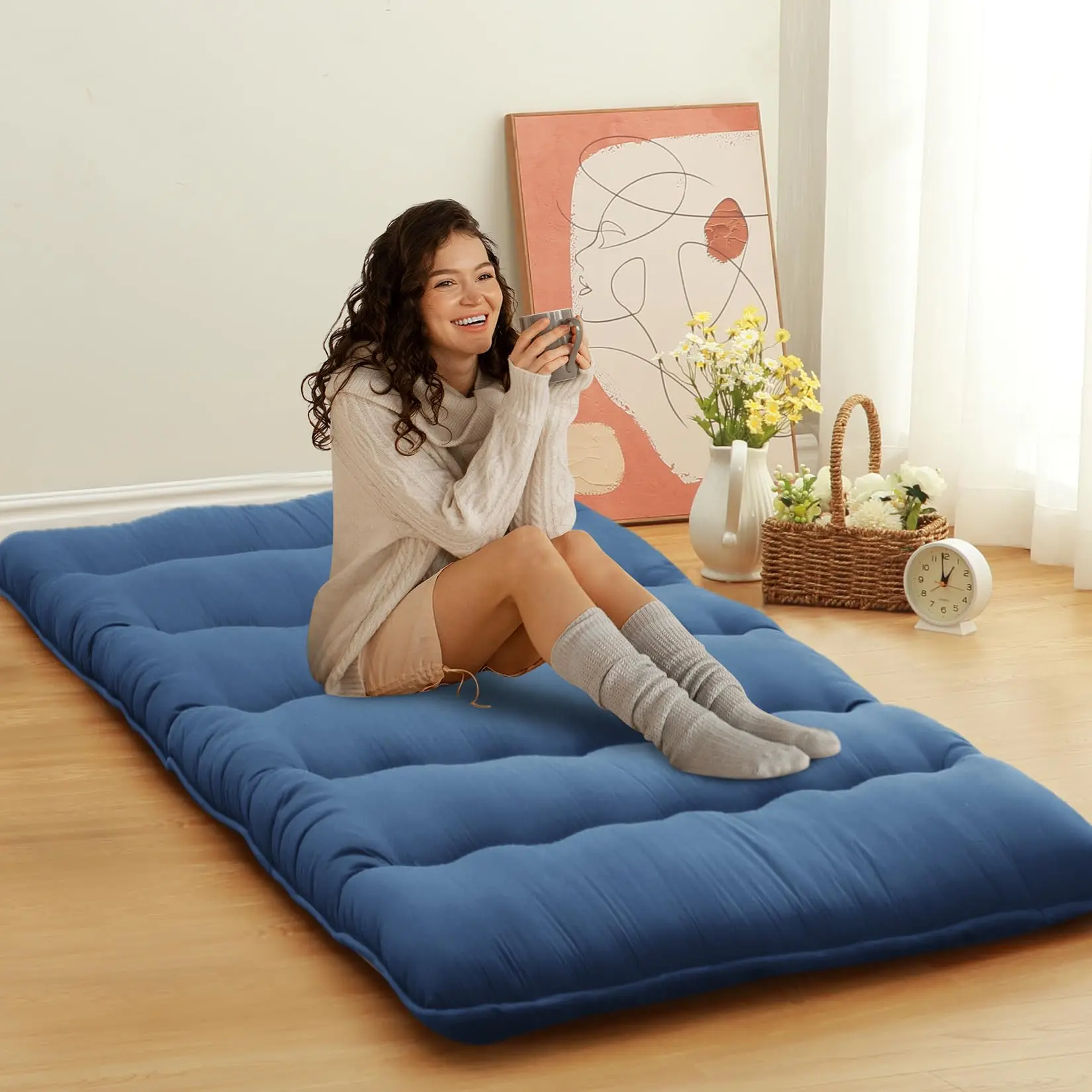 GARVEE Japanese Futon Mattress, Comfortable Twin Size Tatami Floor Mat with Wave Navy Pattern, Portable Roll-Up Camping Pad, 8.48 lbs, 8.48 Pounds