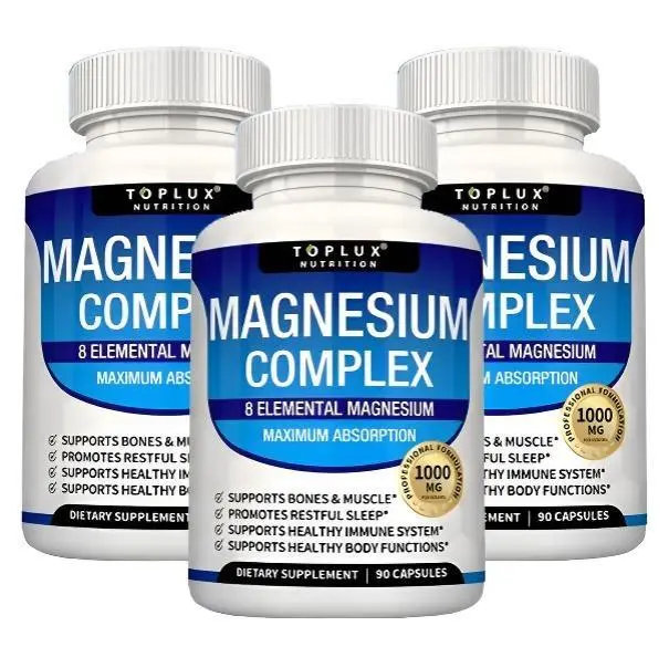 Nutrition MagnesiumComplex Toplux 7 Elemental SourcesMen Women Bone Muscle SleepImmune Support Nature DecentFitness Dietary Supplement MalateTaurate Chelated for Easy Absorptionfor Bones Muscle Recovery Energy1000mg 90 Capsules