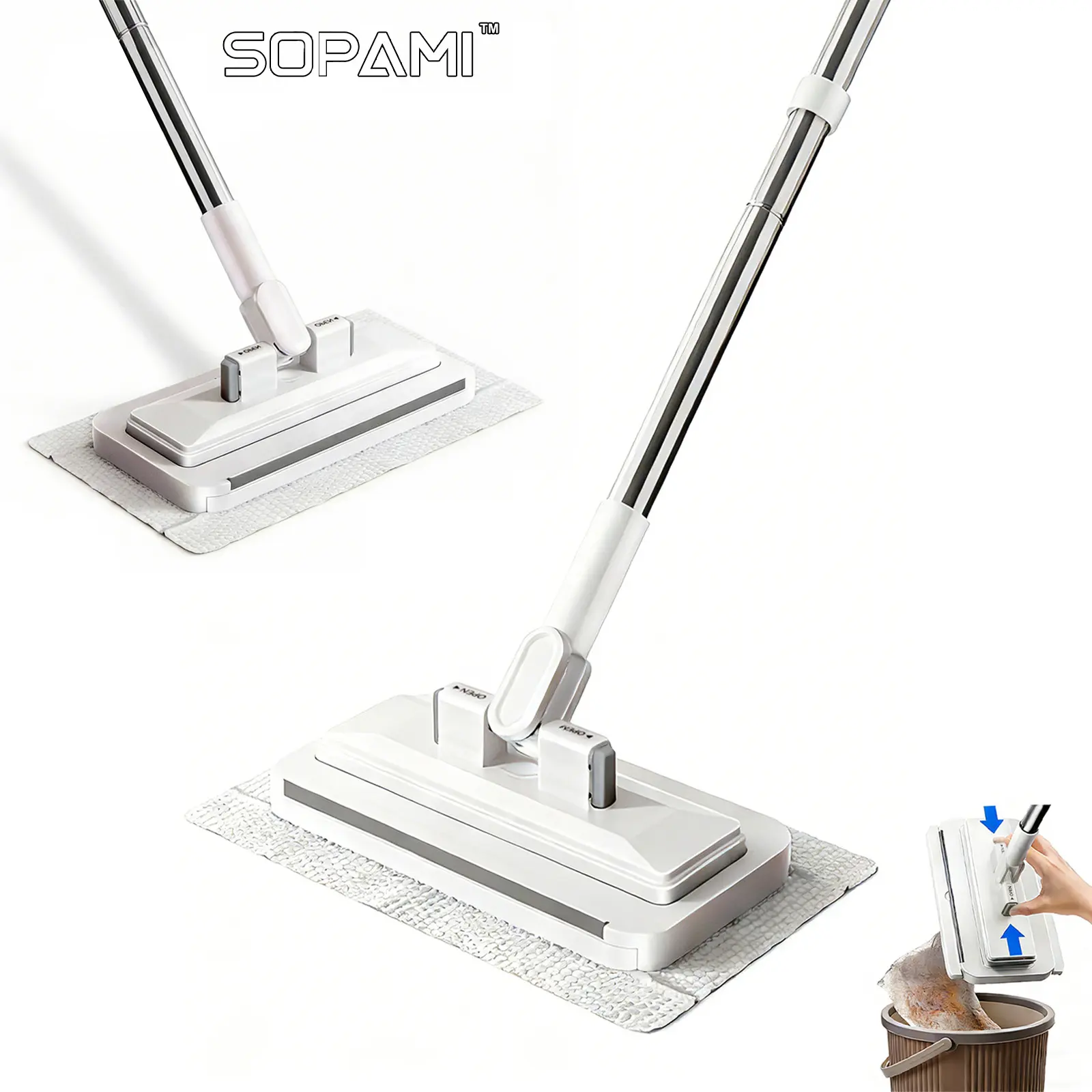 SOPAMI Retractable Disposable Flat Dust Mop with Clamp, Hands-Free & No Hand-Wash, Dry Wet Dual Use, One-Click Cloth Release, Ideal for Hardwood Floors, Tile Floors and Baseboards