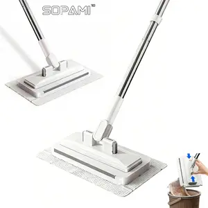 SOPAMI Retractable Disposable Flat Dust Mop with Clamp, Hands-Free & No Hand-Wash, Dry Wet Dual Use, One-Click Cloth Release, Ideal for Hardwood Floors, Tile Floors and Baseboards