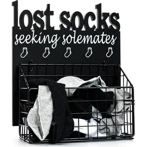 Lost Socks Basket for Laundry Room, Rustic Farmhouse Cutout Letters Organization, Home Wooden Decor And Accessories, Seeking Solemates Sign