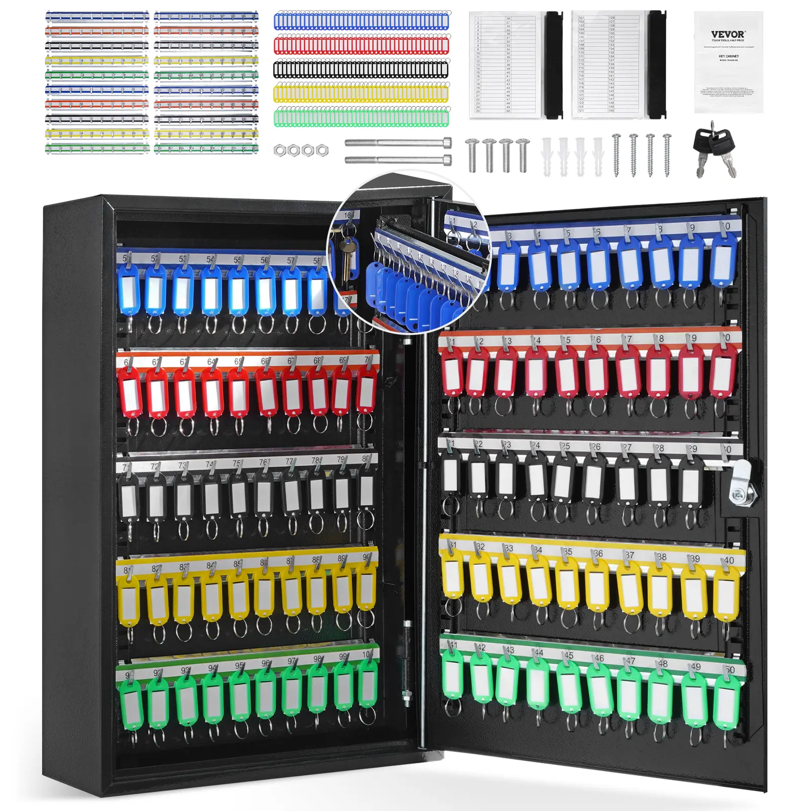 【Summerfinds】VEVOR 200-Key Cabinet Key Lock Box with Adjustable RacksSecurity Key Storage Box SteelKey Organizer with 200 Colorful Key Tags and 4 Record Cards for SchoolOfficeHotel