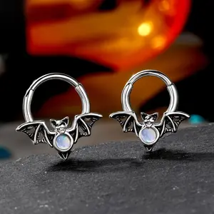 Oufer 16G Halloween Bat Wing Hoop with Moon Cutout & Faux Opal Ball 316L Stainless Steel Unisex Septum Piercing Jewelry Unique Design Durable Hypoallergenic