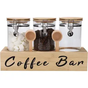 3 x 54 oz Glass Coffee Bean Storage Container with Shelf 3PCS Glass Containers with Airtight Locking Clamp Lid Spoons Coffee Canister Set Jars for Kitchen Food Storage Tea Sugar Wood