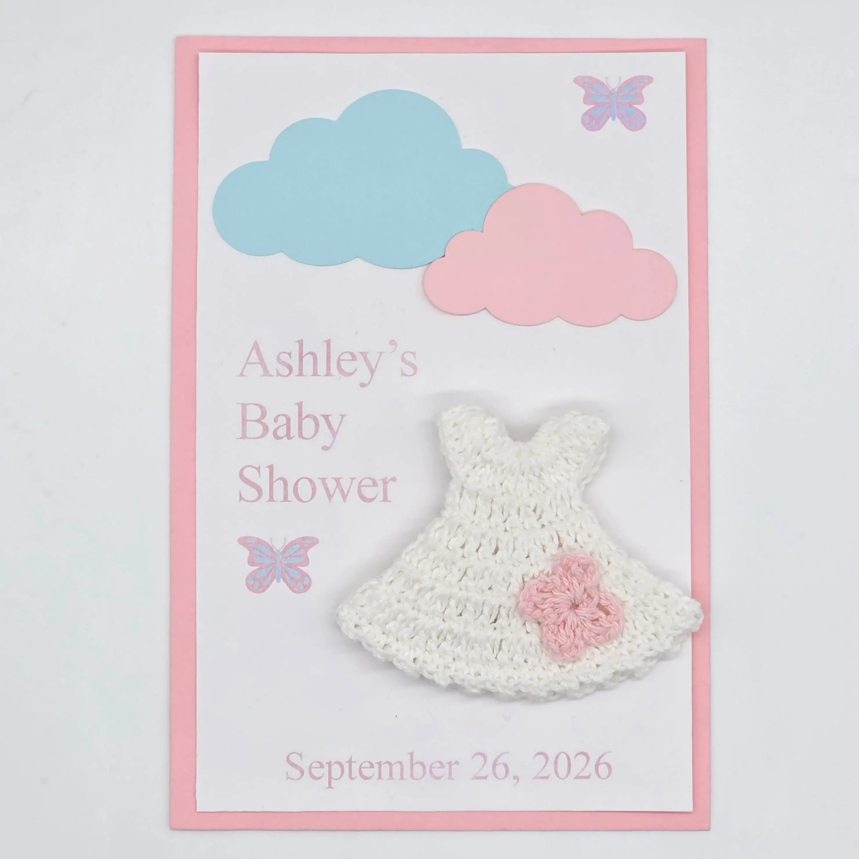 Personalized Baby Shower Party Favor Set of 6 | Tiny Crochet Dress Card Keepsakes in Cello Bag | Custom Baby Shower Party Gift