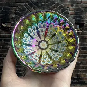 Tea Bowl Artisan Porcelain - Iridescent Rainbow Enamel with Peacock Feather Motif & Scalloped Rim