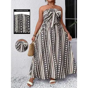 Plus Size Geo Print Shirred Tube Dress, Boho Tie Front Maxi Dress For Spring & Summer, Women's Plus Size Clothing Casual Lace(Sheet)
