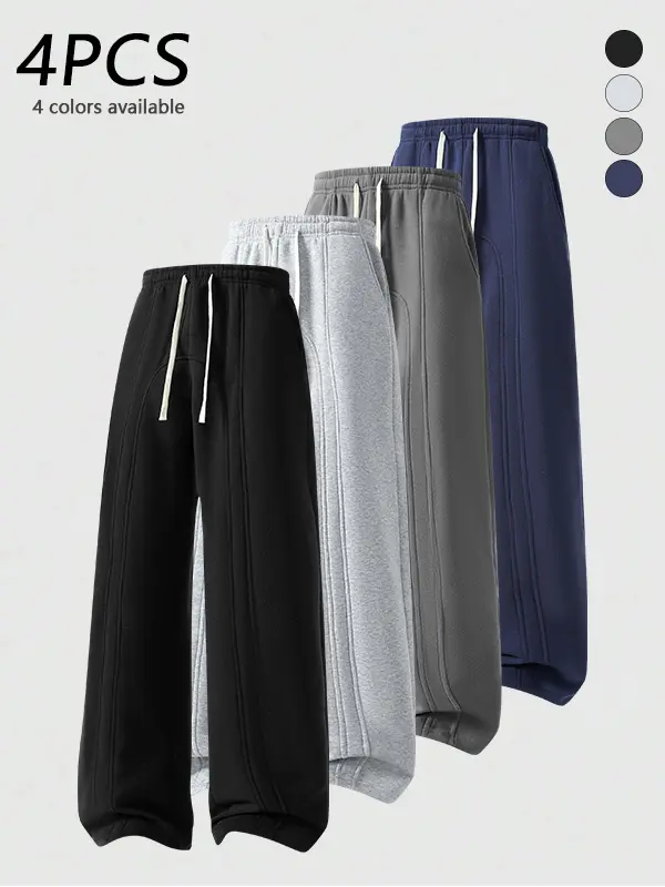 4-pack men’s autumn sweatpants featuring multiple vertical stripes, curved seam paneling, straight-leg casual loose fit, drawstring elastic waistband; fashionable, versatile straight-leg pants made from skin-friendly, soft, comfortable fabric.