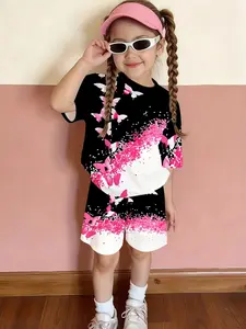 Summer Girls Casual Short Sleeve Shorts Set, 3D Butterfly Print T-Shirt Top + Full Print Shorts, Fitted Summer, Clothes Kids