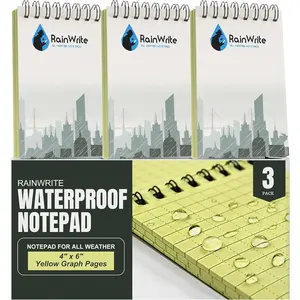 RainWrite  Notepad, 4" x 6", 3 Pack, Yellow Graph Pages, Top Spiral -Weather Pocket Notebook for Hiking, Camping, Construction & Field Notes