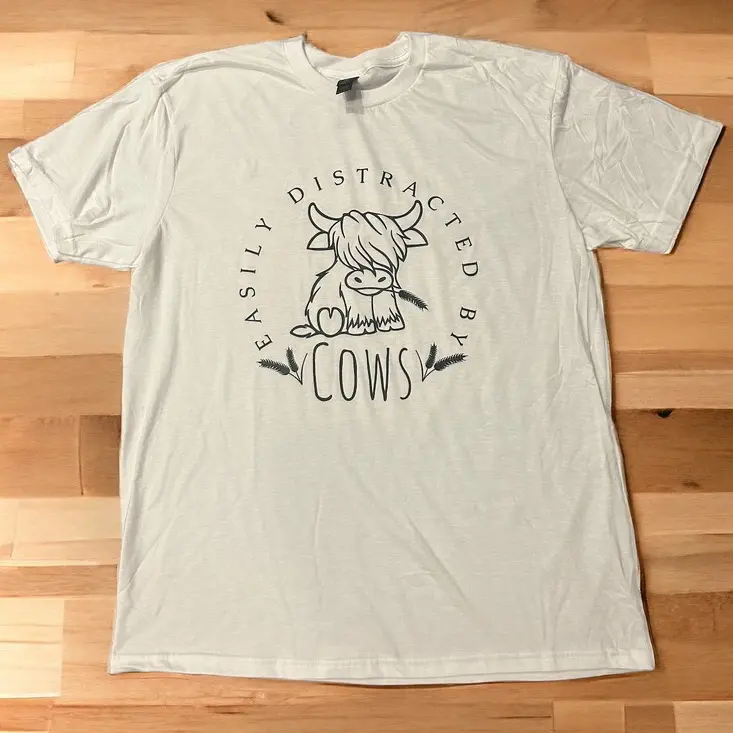 Easily Distracted by Cows Crew Neck Shirt | cow T-Shirt | mini Cow | Highland Cow | Cow Lover Shirt | Casual Tshirt