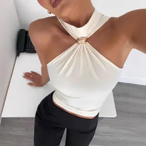 Women High-neck Metal Ring Sleeveless Top Off-the-shoulder Stretch Vest Dressy Casual Clothes Spring Summer Trendy Outfits