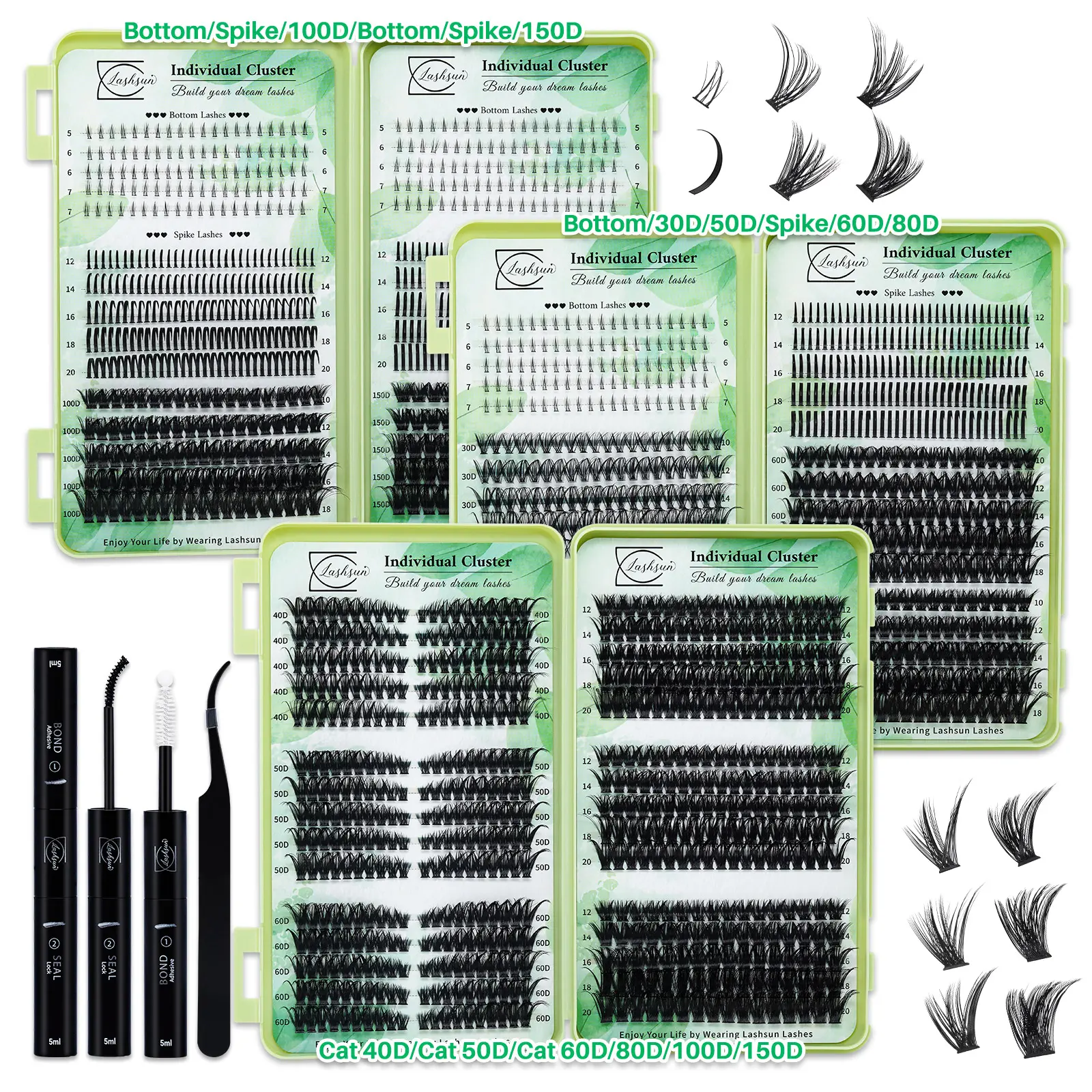 695PCS/650PCS/570PCS Lash Clusters Kit D Curl Bottom/Spikes/Cat/Volume Lashes Book Kit With Bond&Seal Lash Applicator, Perfect For Beginners &Proficient, DIY At Home Easily, Easy Apply For Makeup Daily