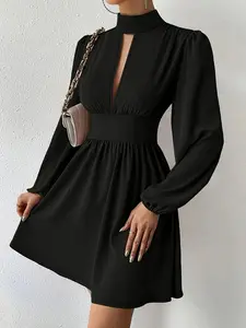 A-Line Mini Dress - 1pc Halter Neck with Long Pendulum Sleeves And Zipper Detail - Spring/Fall Collection for Women