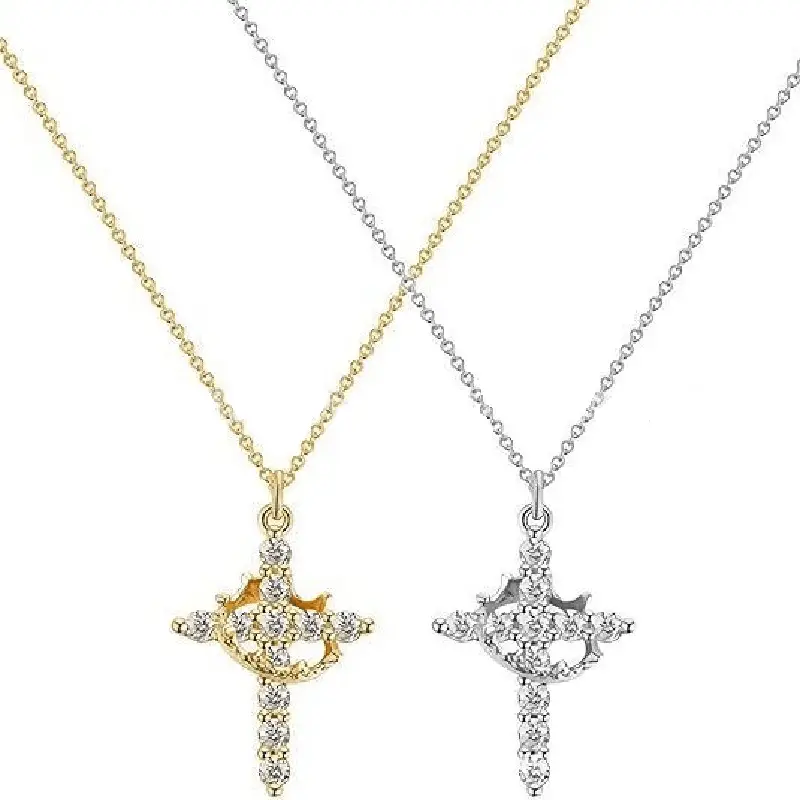 【Freeship】18K Simple Crown & Cross Pendant Choker Necklace For Women & Men & Girls Pretty Crown Cross Necklace For Daily Party Clothing Decor Trendy A