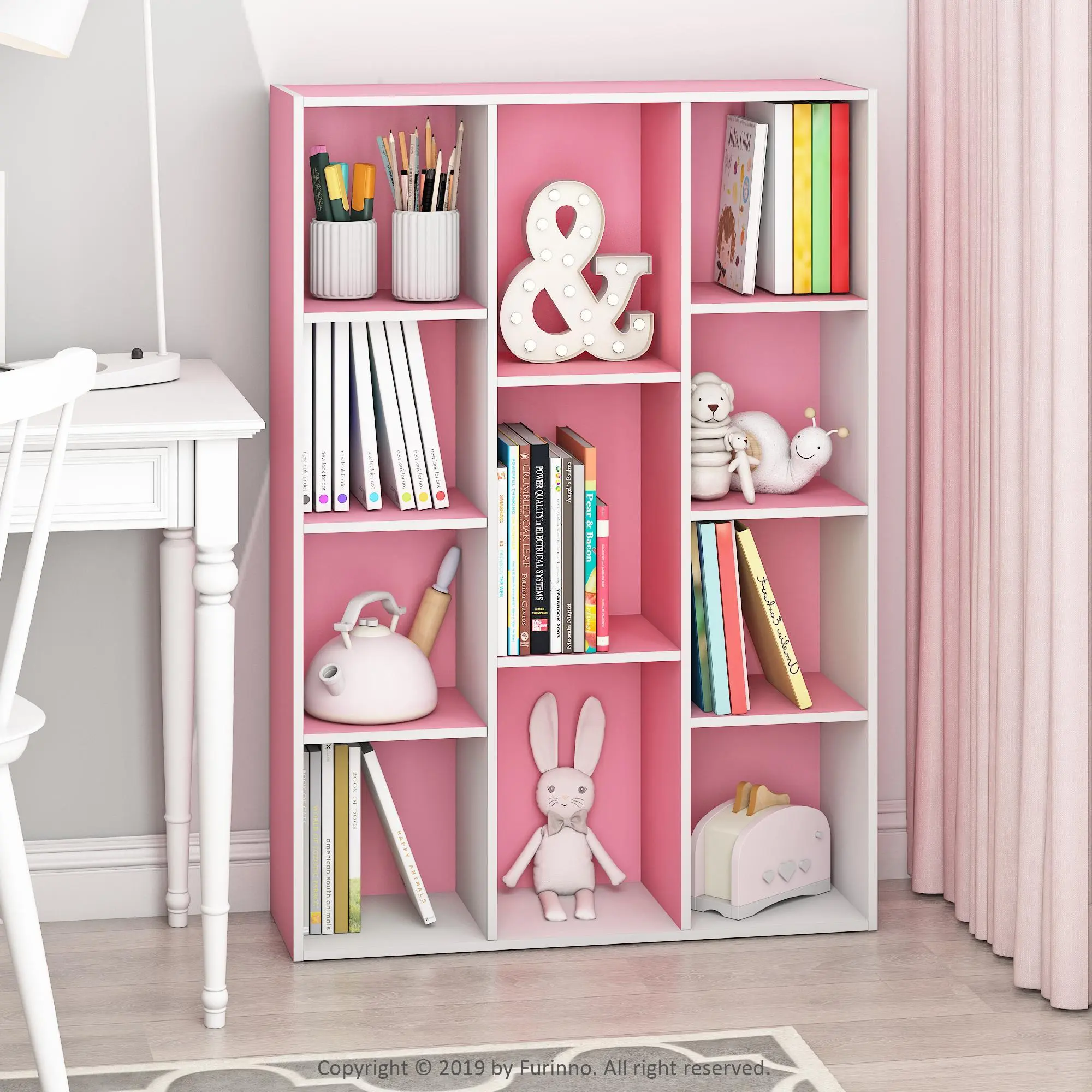 LUDER 11-Cube Reversible Contemporary Cube Grid Bookshelf - Freestanding Slim Space Saver Indoor Shelving Rack, 29.13w x41.73h x9.44d in, Assembly Required, White/Blush Pink, for Bedroom/Living Room, Floating Shelf Fit, Fits Small Spaces