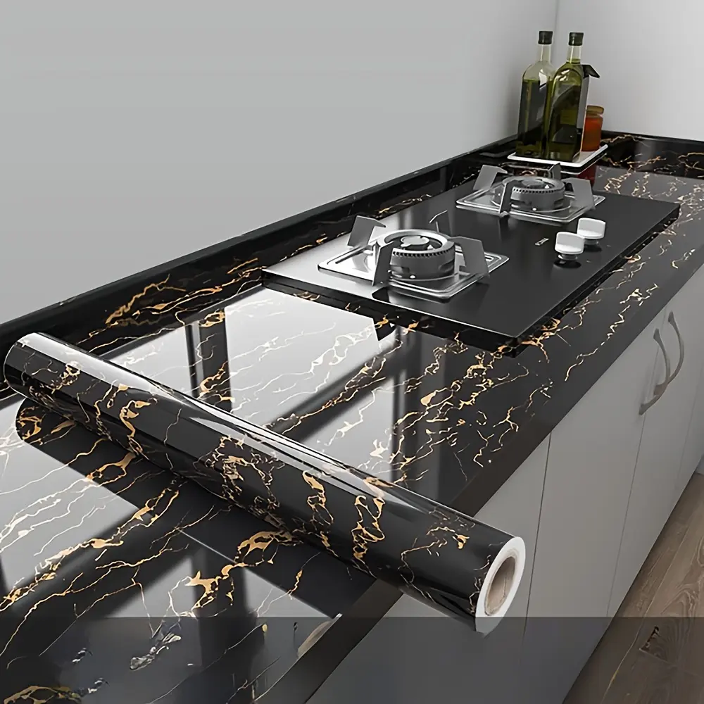 1 Roll of Glossy Marble Kitchen and Living Room Decoration Sticker Waterproof and Oil proof Instant Sticker Self adhesive Wallpaper Removable Easy To Install Suitable for Furniture and Cabinet Furniture Renovation