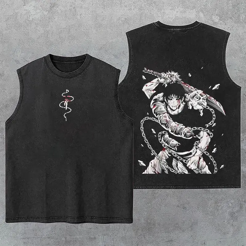 Toji Fushiguro JJK Washed Tank Top, Sorcerer Killer Anime Sleeveless Shirt, Jujutsu Kaisen Gym Tank Vintage Streetwear for Men