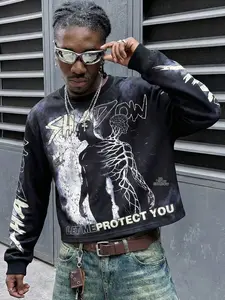 Men's Streetwear Cartoon Print Graphic Long Sleeve Cropped Hoodie Sweatshirts, Loose Fit Round Neck Design, Trendy Casual Fall & Winter Fashion
