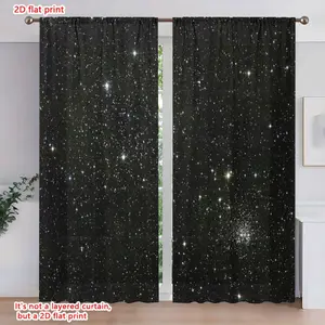 2D Flat 2Pcs starry night sky printed bedroom curtains, pole hung semi blackout, transparent privacy, living room decorative window treatment, home curtains, Interior Decoration Accessories