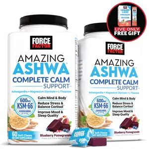 FORCE FACTOR Amazing Ashwa Complete Calm Support with KSM-66 Ashwagandha, Like Ashwangandha Gummies to Promote Calm & Relaxation with Magnesium & L-Theanine, Blueberry Pomegranate, 2 pack 60 Soft Chews with LIVE ONLY FREE GIFT!