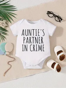 Auntie's Partner In Crime Baby Bodysuit Funny Newborn Short Sleeve Onesie, Unisex, Fitted, Cotton