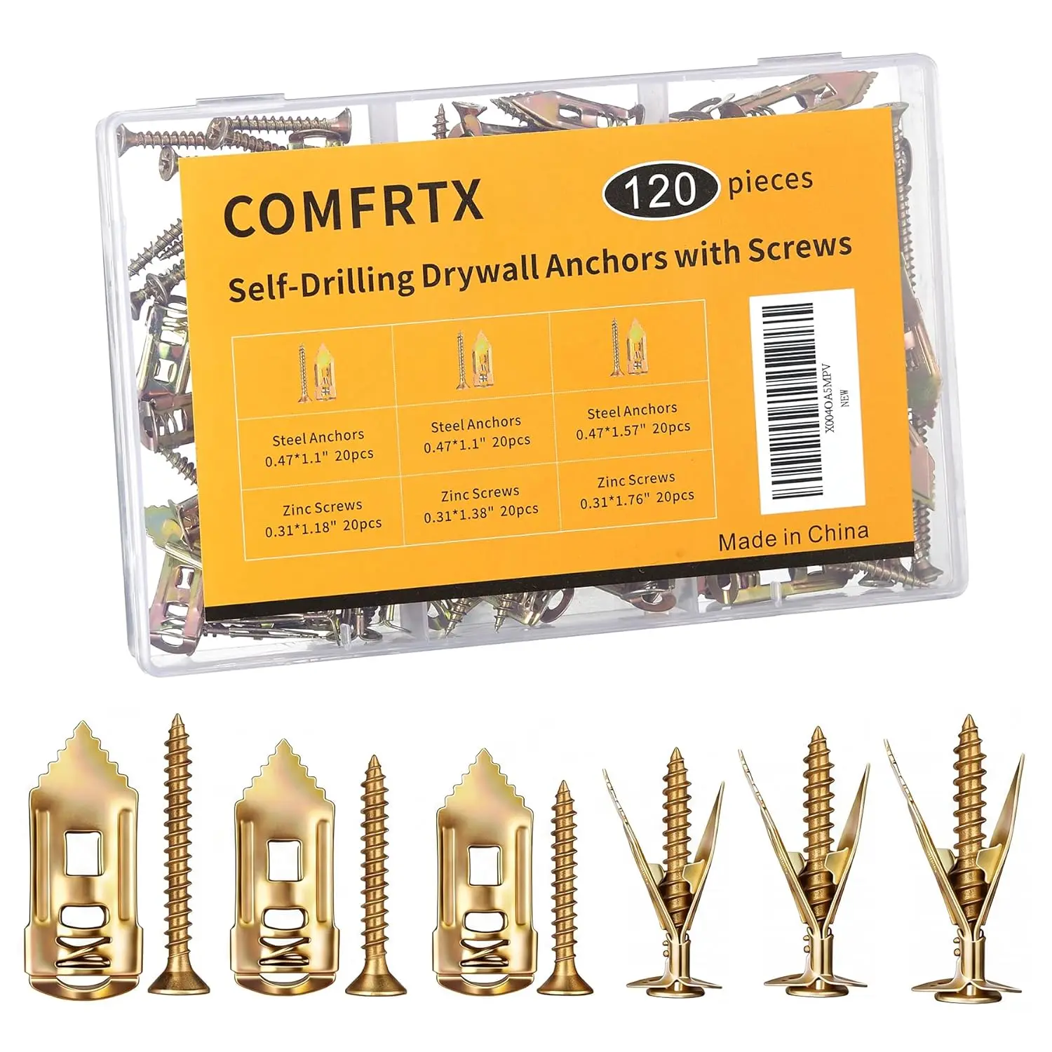 3 Sizes Self Drilling Drywall Anchors with Screws Kit – 120PCS Heavy Duty Metal Expansion Bolts, Sheetrock Anchors & Drywall Grip Anchors and Screws for Shelf, Mirror, Cabinet, Picture Frames concrete wall