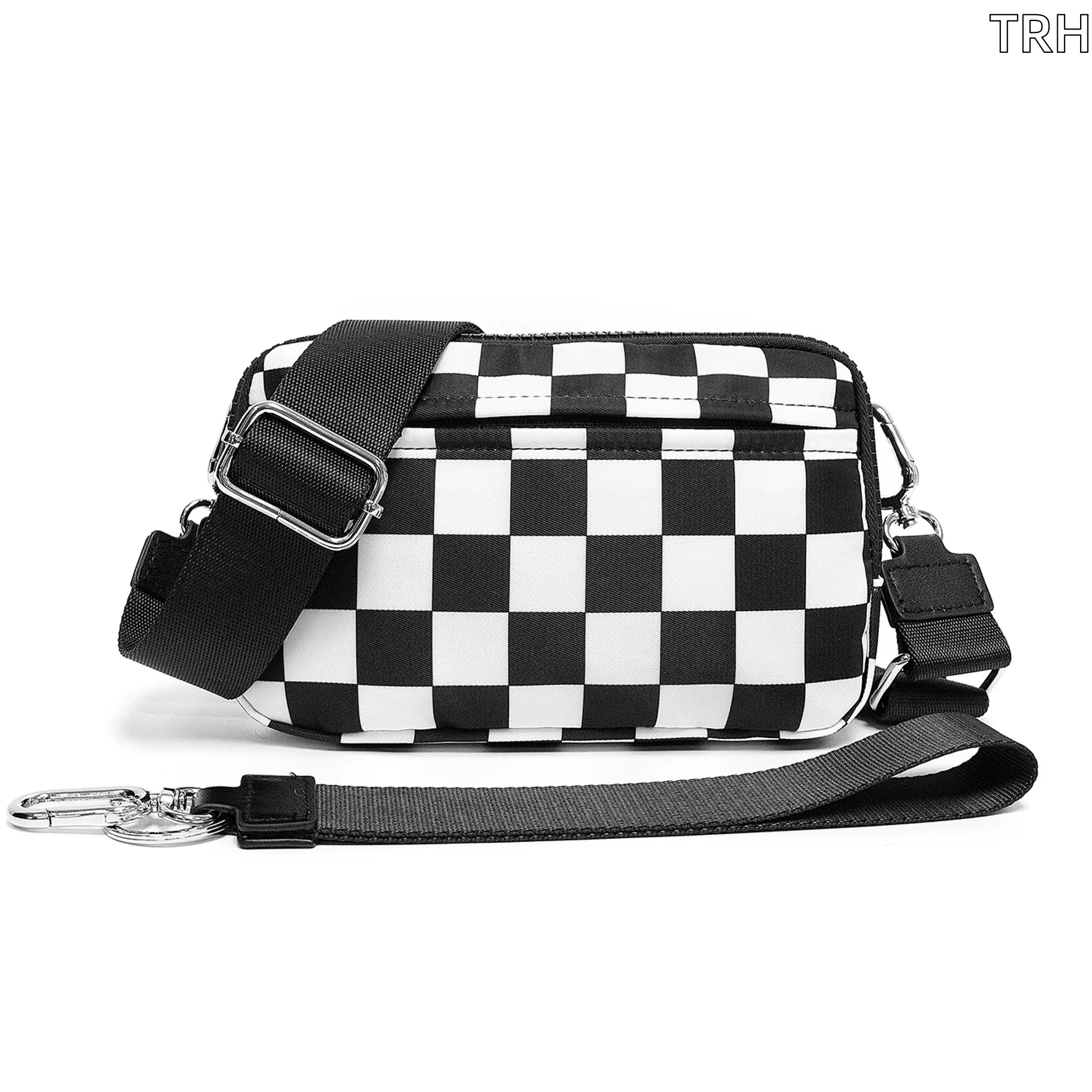Checkered Crossbody Sling Bag, Waterproof Nylon Camera Bag, Adjustable Wide Strap Shoulder Purse, Lightweight Fanny Pack for Women Men Daily Travel Hiking Casual