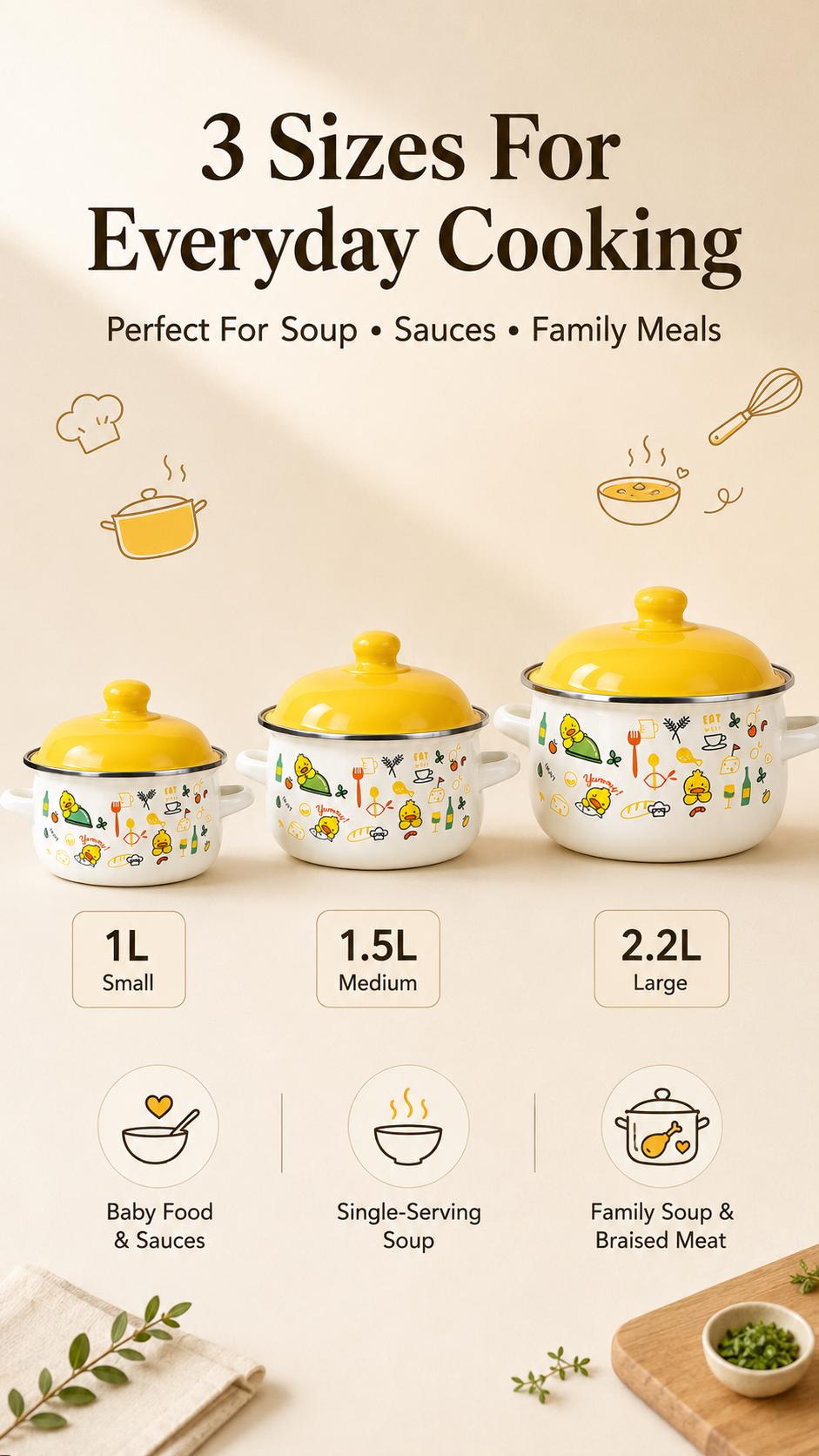 3 Piece Enamel Stock Pot Set 1L/1.5L/2.2L, Non‑Toxic Handcrafted Cookware, Multi‑Size Cute Cartoon Floral Pastel Cooking Pots, Heat Resistant Double Handles, Easy Clean Enamelware, Kitchen Essentials for Soup Stew Porridge Baby Food Family Cooking gift