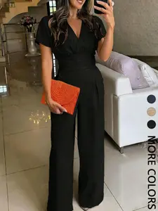 Women's Solid ColorWide Leg Jumpsuit, Surplice V-Neck, Short Sleeves, Smocked Elastic Back Waist, Back Keyhole Button Closure, Side Pockets, Drapey Breathable Woven Fabric, Office Work, Cocktail Party & Daily Wear, Elegant Sophisticated Style，1 Piece