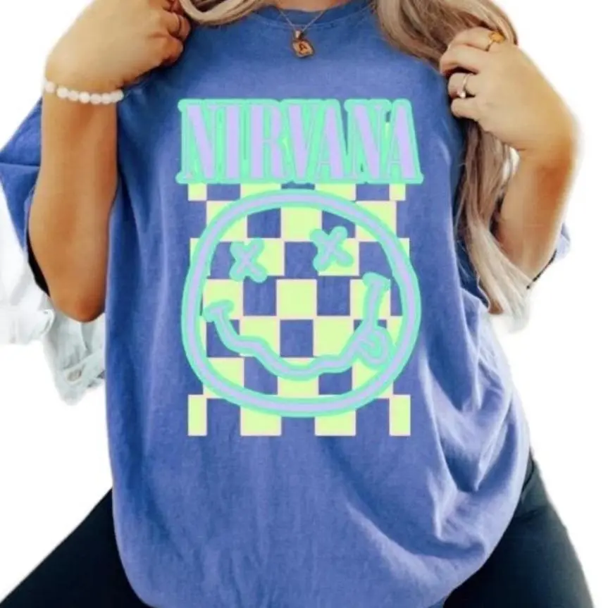 Blue Nirvana Smiley graphic tee Nirvana Preppy 90’s Utero Nirvana Tour Album Unisex Hot Pink Vintage Rock Band Oversized Merch Shirt Sweater Blue Smiley Graphic Tee Face Crewneck Classic T-shirt Clothing Casual Comfort