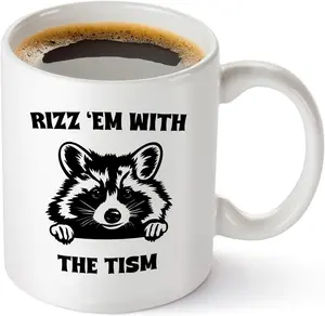 Rizz 'Em With The Tism Mug - Funny Raccoon Meme Gag Gifts For For Men Women Boyfriend Girlfriend - Autism Awareness Birthday Present For Him Her Best Friend - 11oz White Coffee Tea Cup