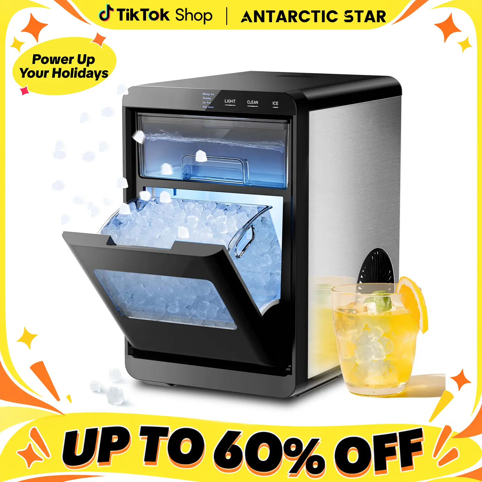 Antarctic Star Compact Nugget Ice Machine - 1.2kg Capacity, 10-15min Quick Making, 45Lbs/Day, 1.8L, Dual-Door Visual Design, Self-Cleaning, 24H Timer, Enhanced Insulation, LED Controls, Ice Cubes Maker for Home/Office Kitchen Appliances