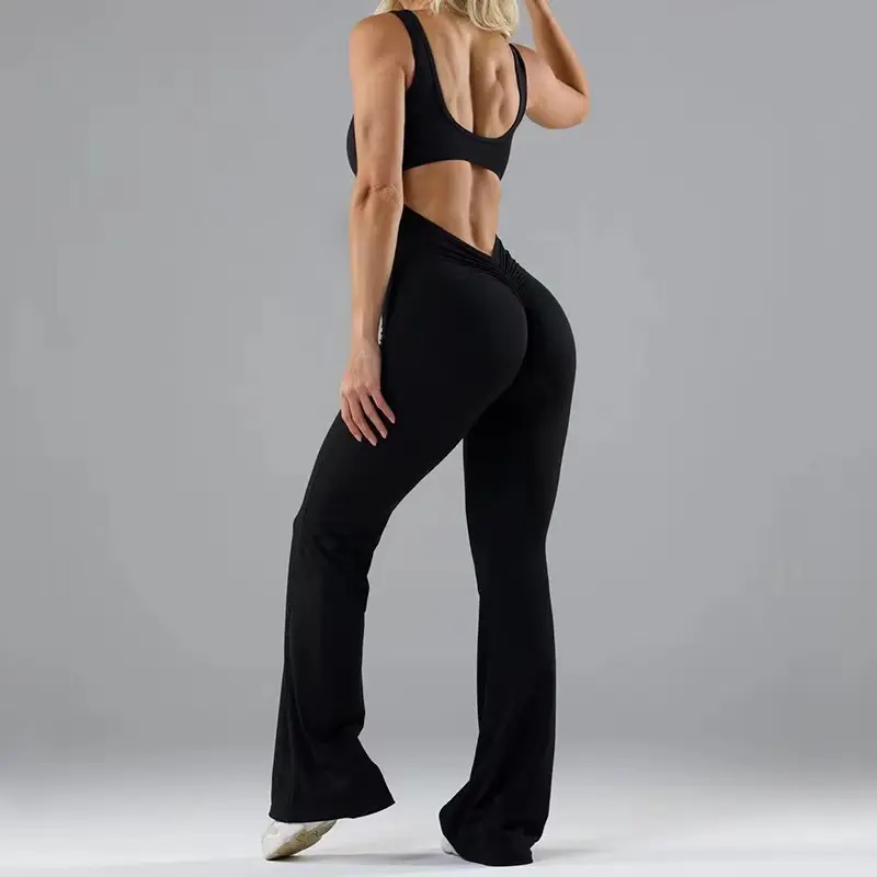 Women's Flattering Scrunch Bodysuit - Sleeveless, Backless V-Back, Tummy Control, Waist Scrunch, Butt Lift, Flared Stretchy Seamless Leggings, Athletic Yoga Jumpsuit, Ideal for Women (Fathersdaygift, Birthday, Christmas, Anniversary), Women's Clothes