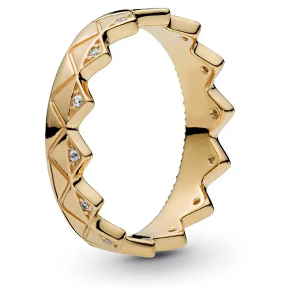 PANDORA Exotic Crown Ring - Pandora Shine 168033CZ, Engraved Pattern, Gold, Milgrain Detailing, Raised Hearts, Zig-Zag Edge