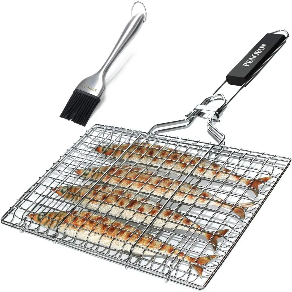 Stainless Steel Fish & Steak Grilling Basket - Reusable, Folding Large Portable Basket with Removable Handle, Basting Brush, Storage Bag for Fish, Vegetables (Ideal for Campfire, BBQ Party) (01)