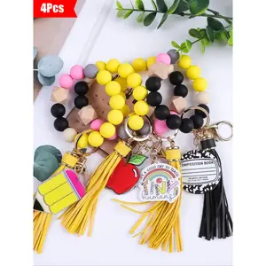 1/4 pcs-Vibrant School Style Beaded Keychain Set, Colorful Bracelet Design, Apple Ornament, Pencil Shape, Rainbow Decoration, Teacher Gift, Cool Keychains