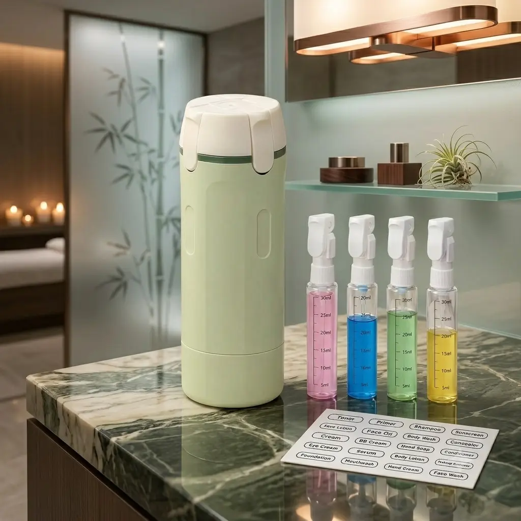 4-in-1 Rotatable Travel Dispenser Set - Leakproof Easy-Press Pump for Shampoo, Lotion, Cosmetics - Compact Plastic Toiletry Storage with Smooth Flow, Carry-On Bathroom Essential