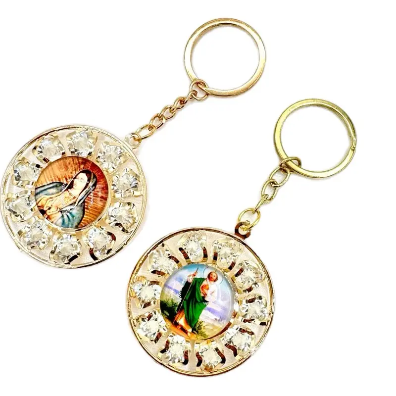 St Jude & Virgen Mary Religious Motif Keychain Bundle Set - 12pcs Circular Pendant Key Charms with Free Bags for Baptism, Quinceañera Favors, Circular Pendant Keychains