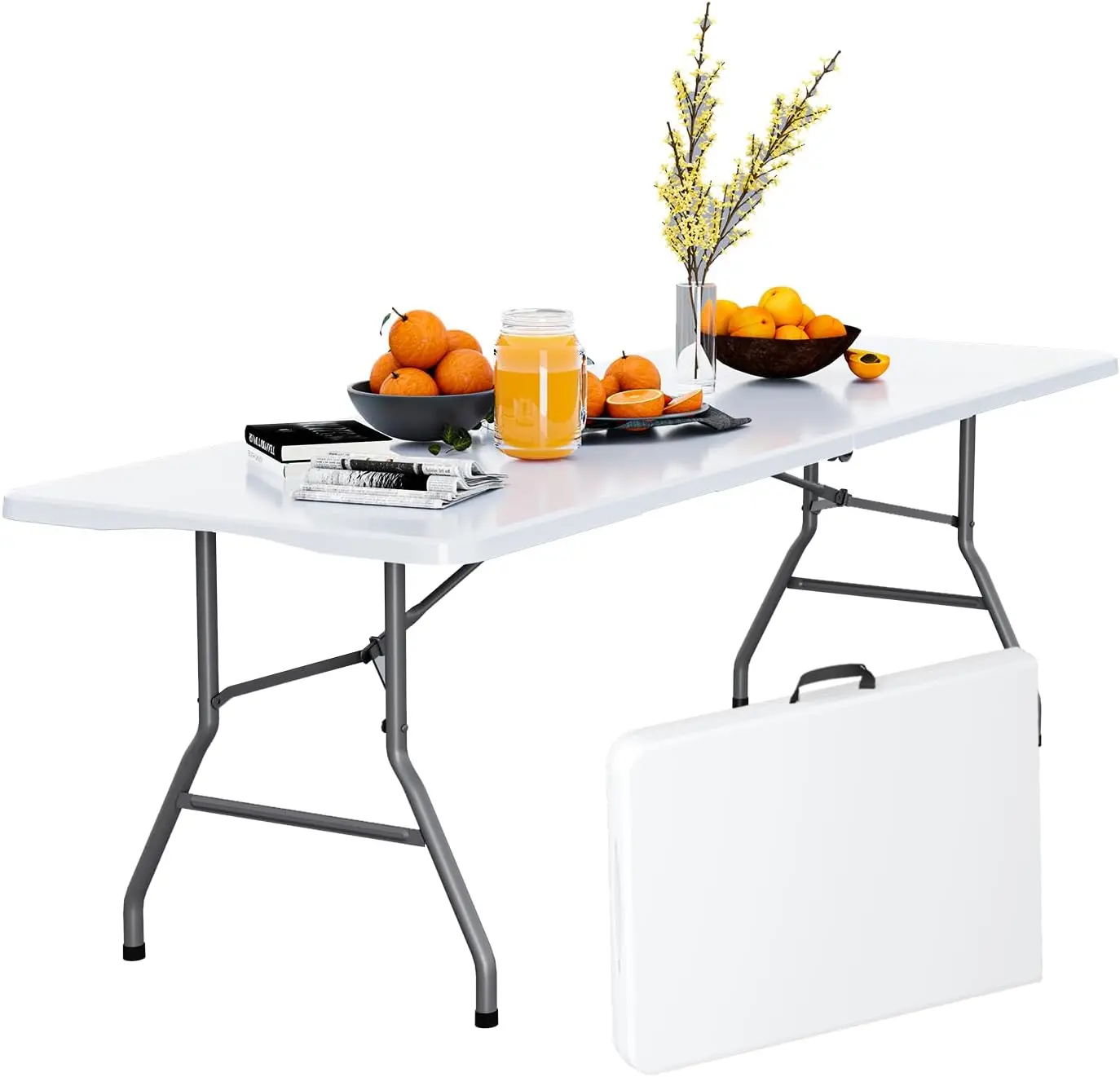 6FT Lightweight Outdoor Folding Table, Heavy-Duty Fold-in-Half Plastic Table with Carrying Handle for Indoor Dining, Picnic Use, Lightweight Outdoor Table