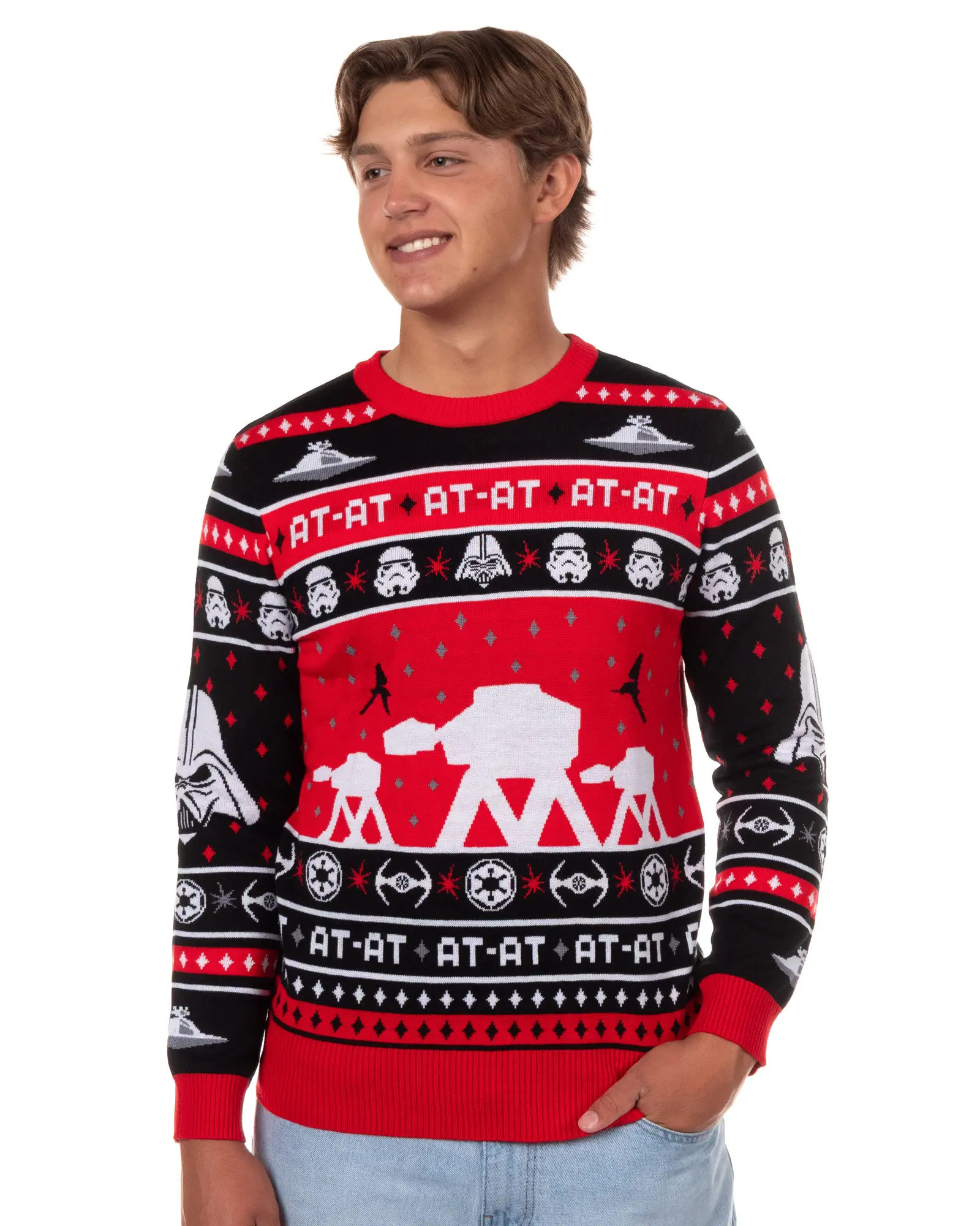 Men's Ugly Christmas Pullover Sweater, Galactic AT-AT Walker Knit Top with Ribbed Cuffs and Hem, Tops, Galaxy, Layer, Tee, Universe, Sleeves