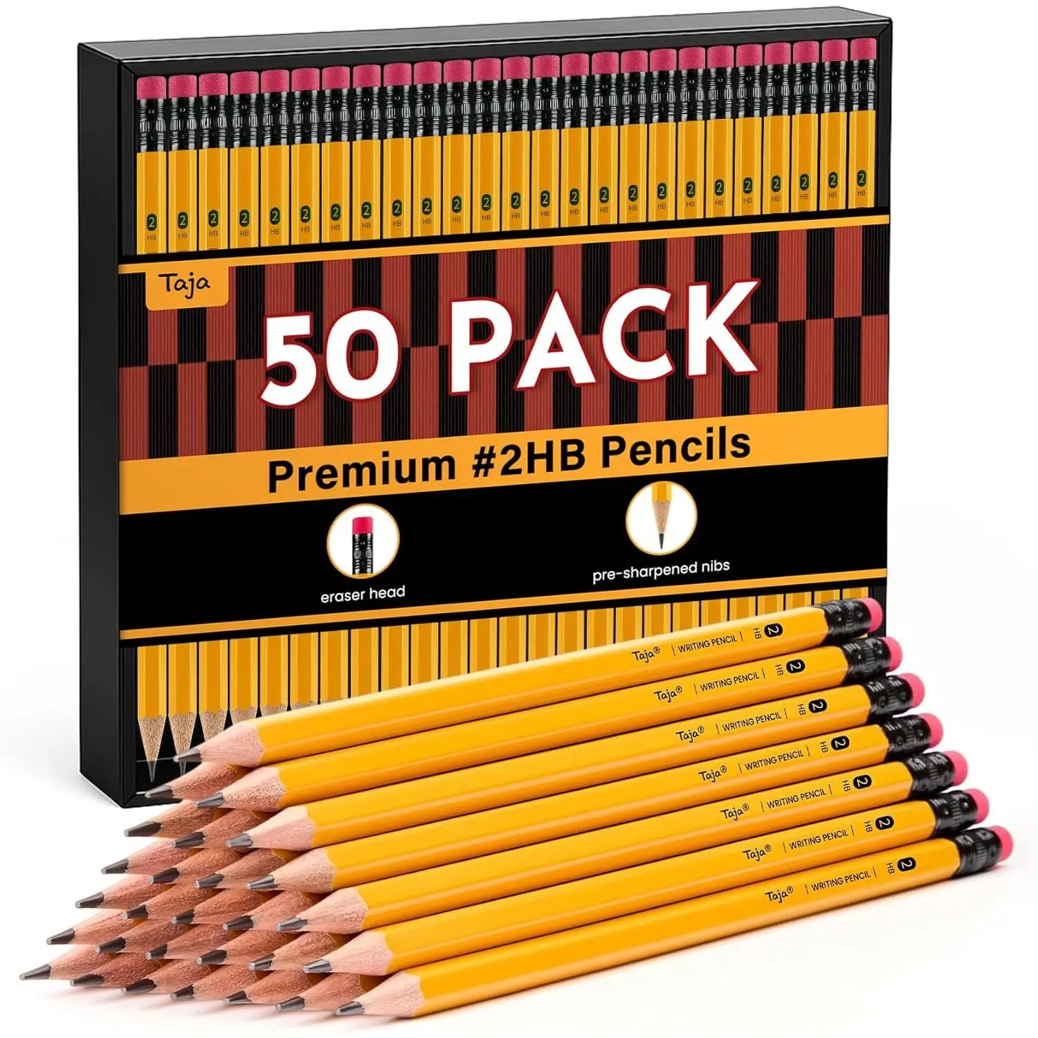 Taja 50 Pack Wood-Cased #2 HB Pencils, Bulk Pre-Sharpened Pencils with Top Erasers, Perfect for School & Classroom Writing and Drawing - Yellow