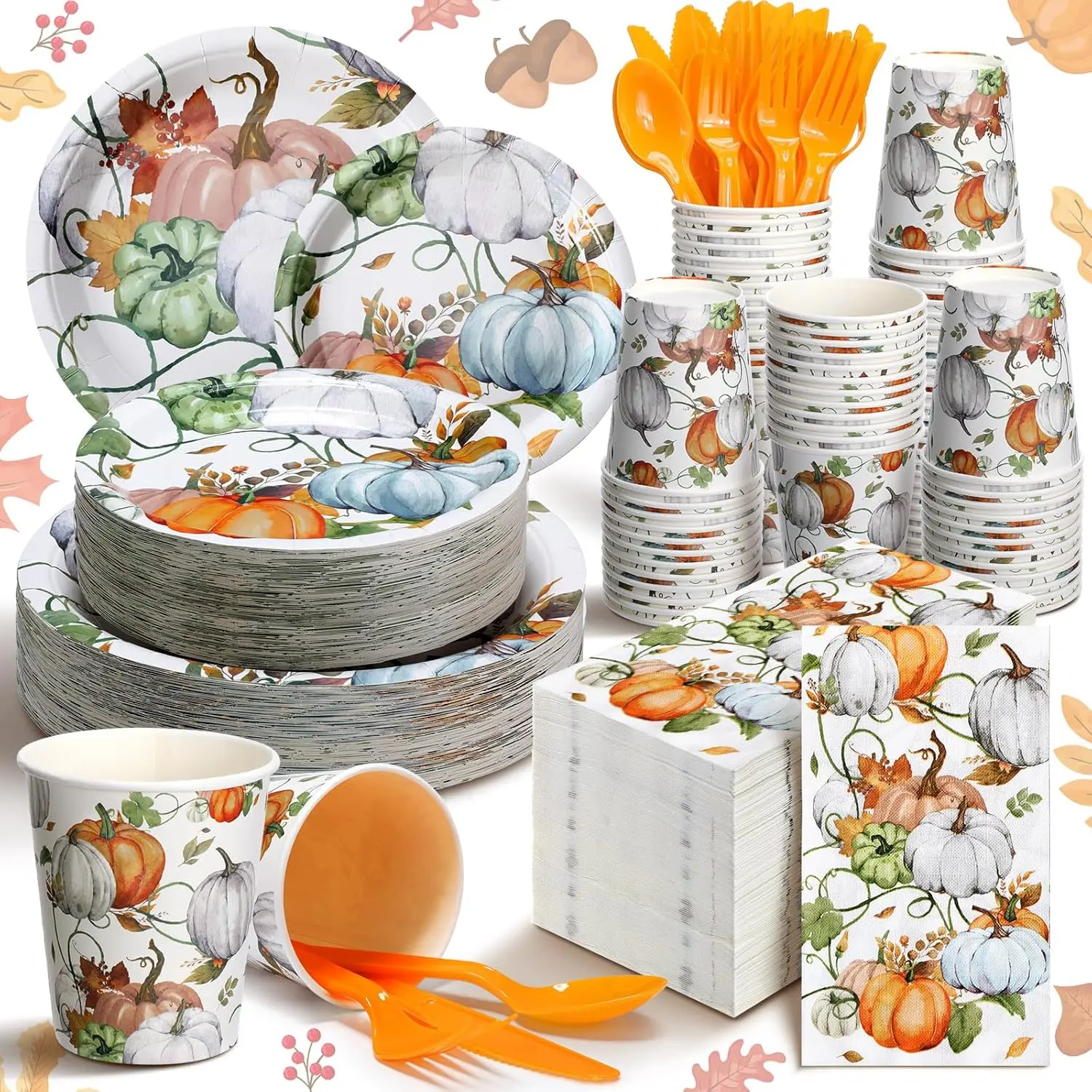 Disposable Harvest Thanksgiving Themed Tableware Set - 50-Serving, 400-Piece with Light Orange Pumpkin Print Plates, Napkins, Disposable Cups, Knives, Forks for Home Festive Parties