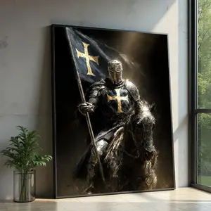 Medieval Knight on Horseback Poster, Templar Crusader Wall Art, Historical Armor Painting, Dark Knight, Home Decor Illustration