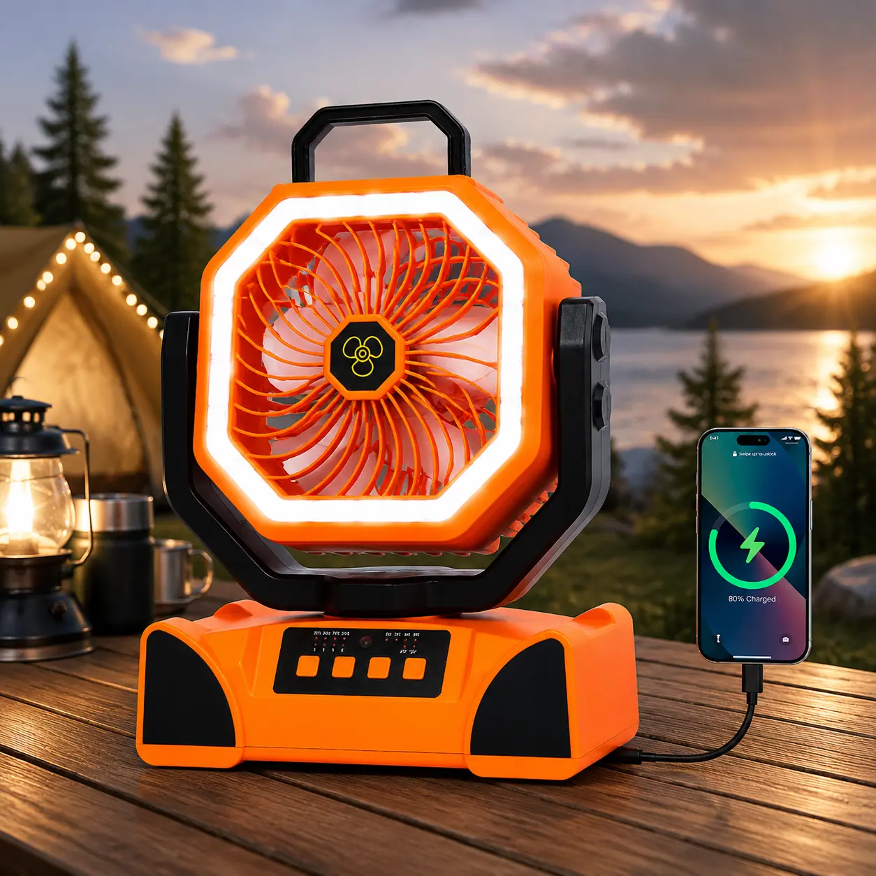 Qawtor 20000mAh Rechargeable Camping Fan, Portable Outdoor Fan with LED Light, Remote Control, Timer, Adjustable Airflow and 360° Rotating Hook, Lightweight Travel Fan for Tent, Camping and Power Outages backtoschool